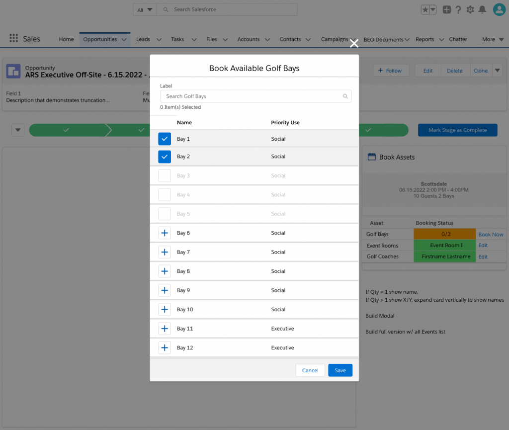 Screenshot of Golf Bay booking selection modal