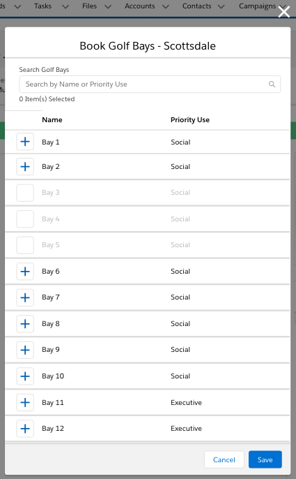 Screenshot of Golf Bay booking selection modal